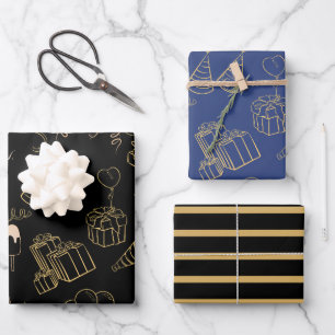 Happy Birthday Gifts Gold Black Blue Wrapping Paper Sheet