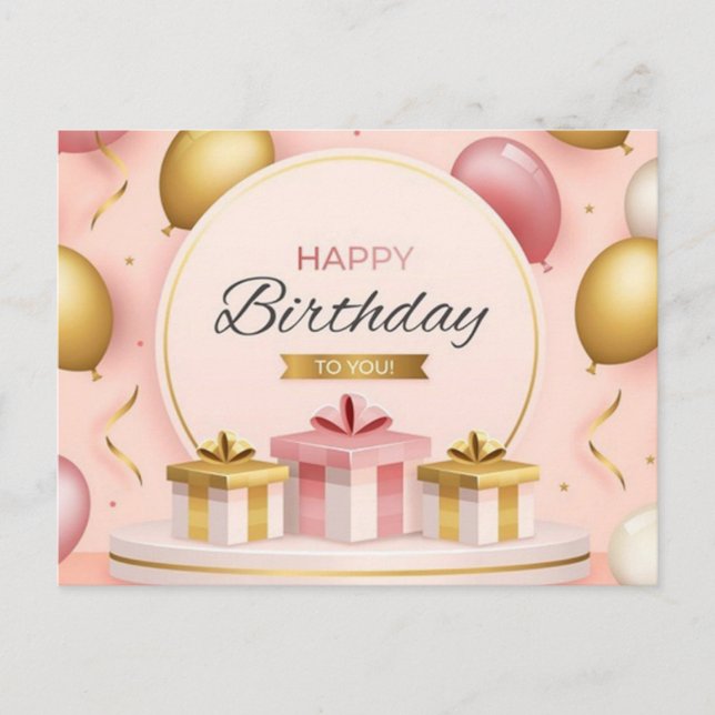 happy birthday gifts love cake gold pink balloons postcard (Front)
