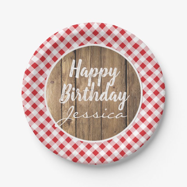Happy Birthday Gingham Rustic Wood Picnic Party Paper Plate (Front)