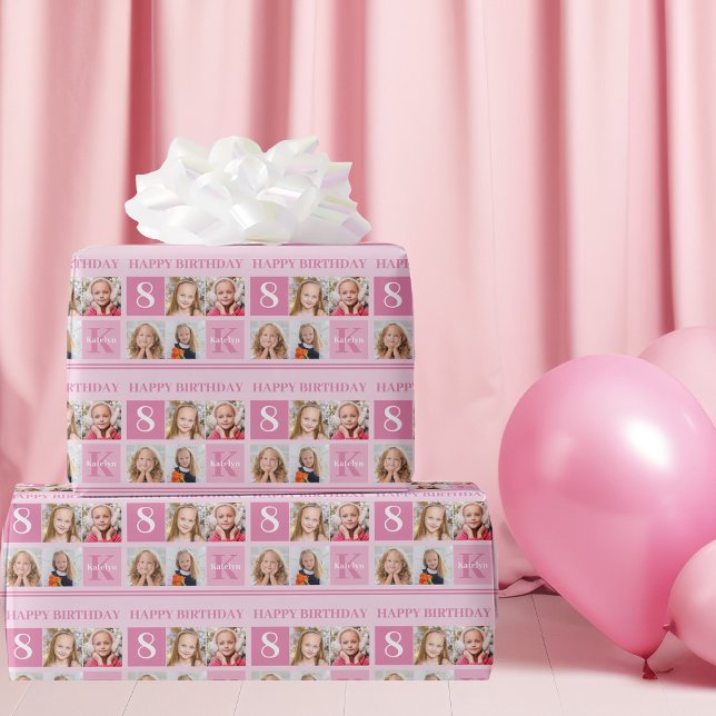 Happy Birthday Girl Cute Custom Photo Collage Pink Wrapping Paper (Creator Uploaded)