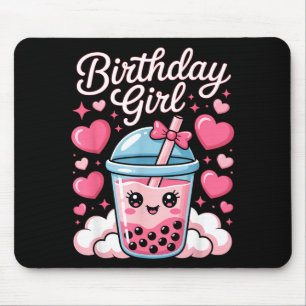 Happy Birthday Girl Cute Pink Bow Bubble Boba Tea  Mouse Pad