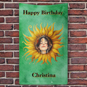 Happy Birthday Girl Face in Sunflower Green Banner