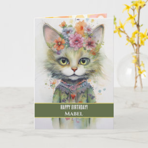 Happy Birthday Girl Green Cat Wide Eyes Floral Card