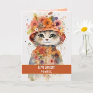 Happy Birthday Girl Orange Cat Wide Eyes Floral Card