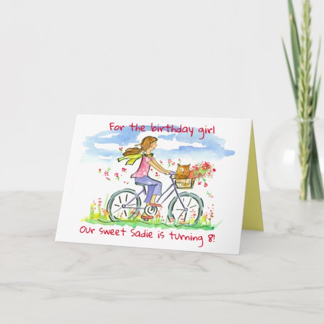 Happy Birthday Girl Riding Bike Dog Custom Name Holiday Card (Front)