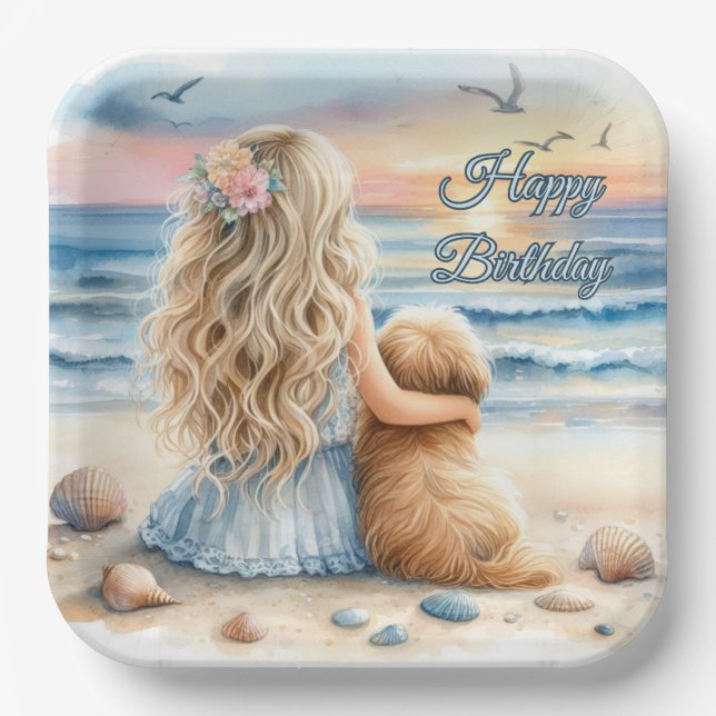 Happy Birthday Girl with Puppy on the Beach Paper Plate (Front)