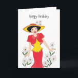 Happy Birthday Girlfriend Card<br><div class="desc">Girl in a bright red and yellow dress and a yellow hat. Daisies are all around her.</div>