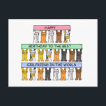 Happy Birthday Girlfriend Cartoon Cats Postcard<br><div class="desc">Cartoon cats holding up pastel coloured banners that say 'Happy Birthday to the best girlfriend in the world'.</div>