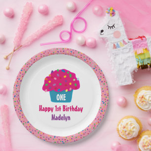 Happy Birthday Girls Frosted Cupcake Design  Paper Plate