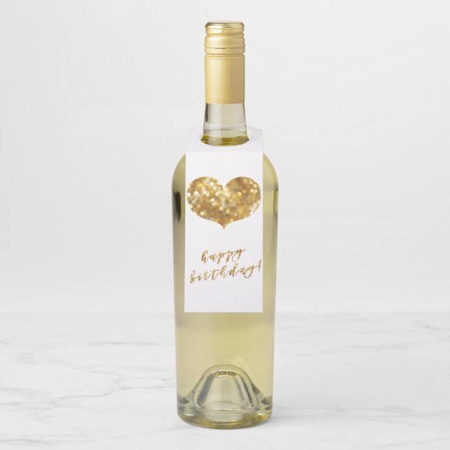 Happy Birthday! Glamourous Gold Sparkles Heart Bottle Tag (On Bottle)