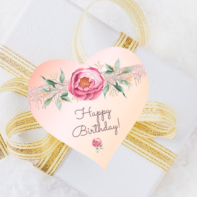 Happy Birthday glitter blush pink rose gold floral Heart Sticker (Creator Uploaded)