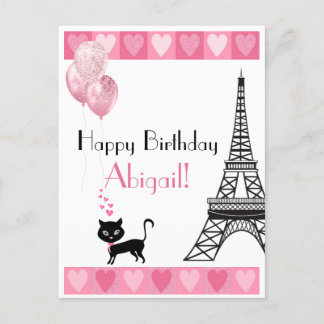 Happy Birthday Glitter Pink Heart Eiffel Tower Cat Postcard