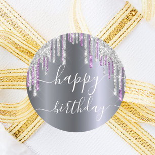 Happy Birthday glitter silver purple sparkle glam Classic Round Sticker