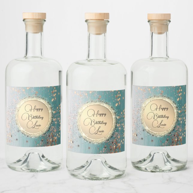 Happy Birthday Glittery Stardust on Blue Teal   Liquor Bottle Label (Bottles)