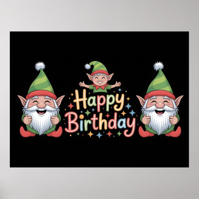 Happy Birthday Gnome and Elf Design Poster (Front)