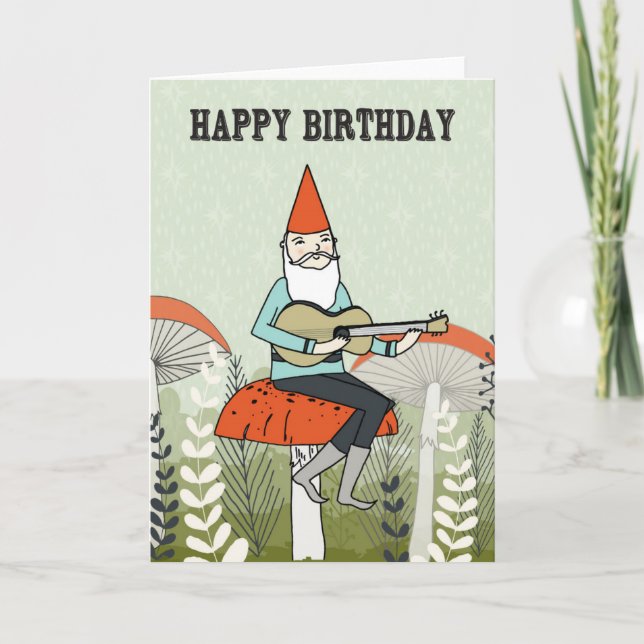 Happy Birthday - Gnome plays Guitar Greeting Card (Front)
