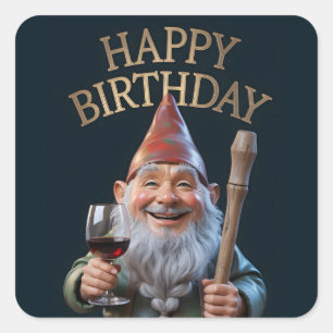 "Happy Birthday" Gnome Toasting with Red Wine Square Sticker