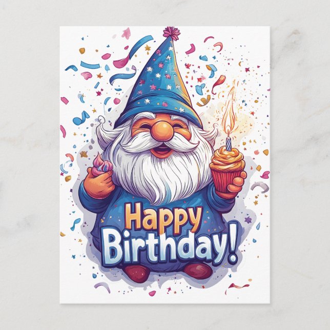 Happy Birthday Gnome: Whimsical Birthday Design Postcard (Front)