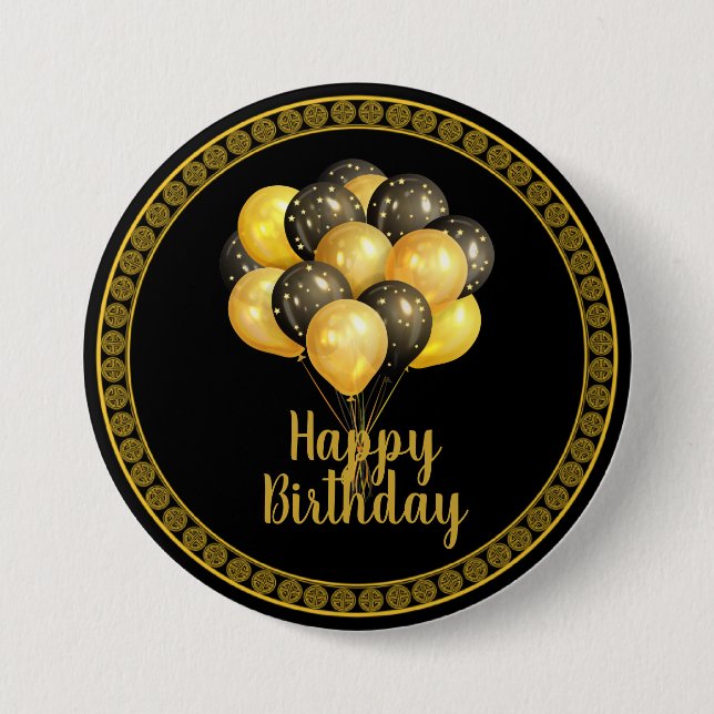 Happy Birthday, gold and black, 7.5 Cm Round Badge (Front)