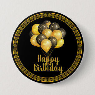 Happy Birthday, gold and black,  7.5 Cm Round Badge