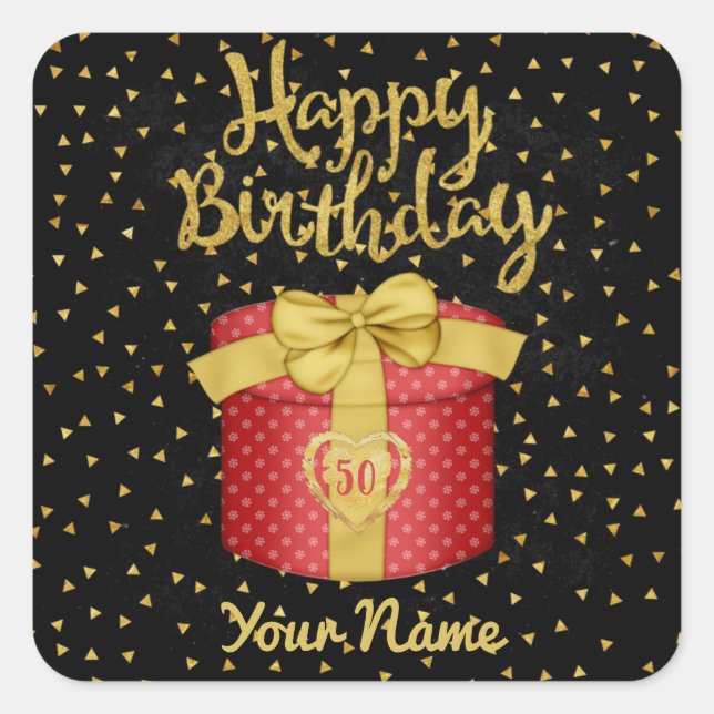 Happy Birthday Gold Black Custom Square Sticker (Front)