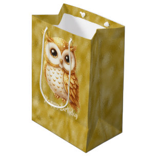 Happy Birthday Gold Colour Owl on Gold Medium Gift Bag