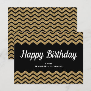 Happy Birthday Gold Glitter Black Chevron Stripes Postcard