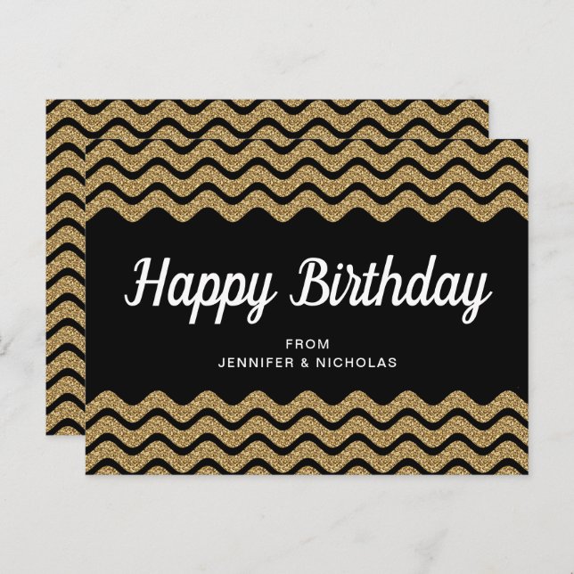 Happy Birthday Gold Glitter Black Chevron Stripes Postcard (Front/Back)