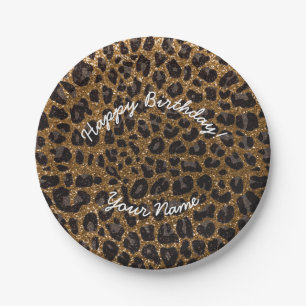 Happy Birthday gold glitter leopard Paper Plate