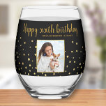 Happy Birthday Gold Glitter Photo Any Year Custom<br><div class="desc">Celebrate a big birthday with this fun wine glass featuring the birthday girl's photo,  2 custom lines of text all set against a faux gold glitter confetti background. Easily change the black background to another colour. Fun and festive - perfect for any birthday celebration.</div>