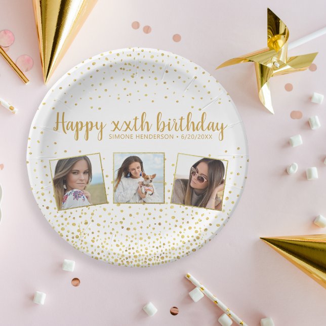 Happy Birthday Gold Glitter Photos Any Year Custom Paper Plate (Creator Uploaded)