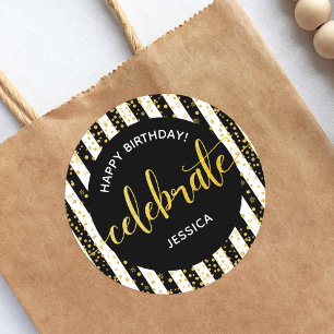 Happy Birthday Gold Glitter Script Black White Classic Round Sticker