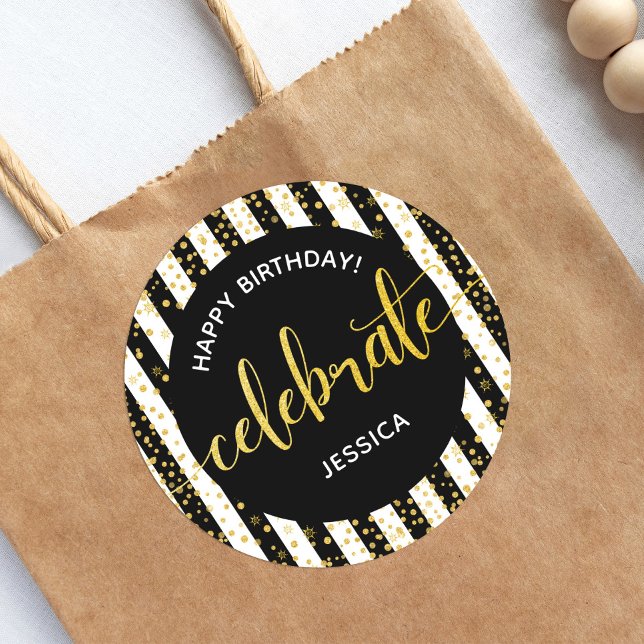 Happy Birthday Gold Glitter Script Black White Classic Round Sticker (Creator Uploaded)
