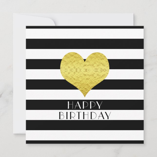 Happy Birthday Gold Heart Black White Stripes Holiday Card (Front)