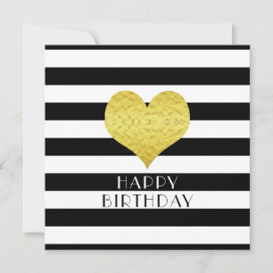 Happy Birthday Gold Heart Black White Stripes Holiday Card