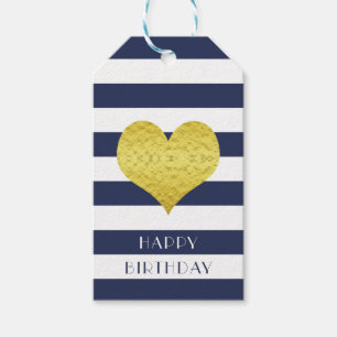 Happy Birthday Gold Heart Blue White Stripes Gift Tags