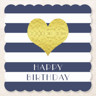 Happy Birthday Gold Heart Blue White Stripes Paper Coaster