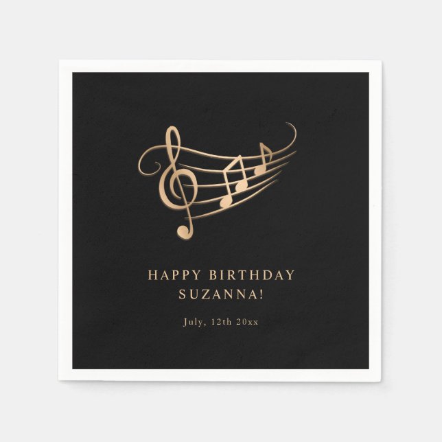 Happy Birthday Gold Music Notes Elegant Napkin (Front)