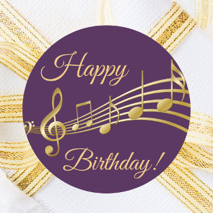 Happy Birthday gold music notes on elegant purple Classic Round Sticker