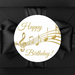 Happy Birthday gold music notes white Classic Round Sticker