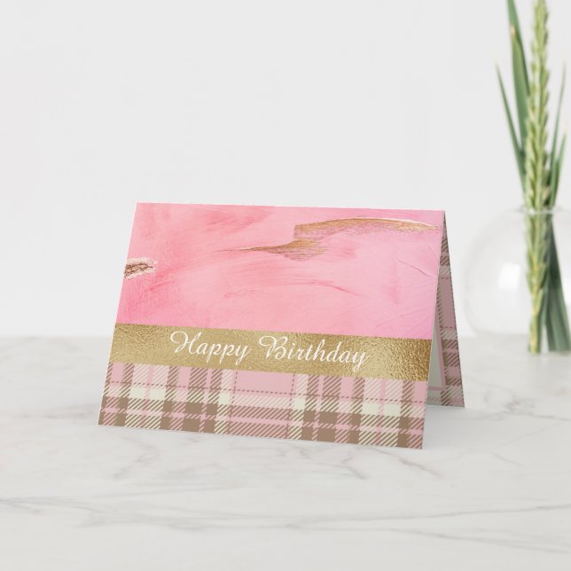 Happy Birthday Gold Pink Plaid Abstract Watercolor Card (Front)
