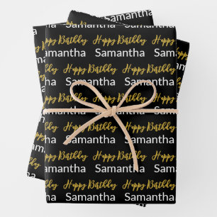 Happy Birthday Gold Script Black and White Name Wrapping Paper Sheet