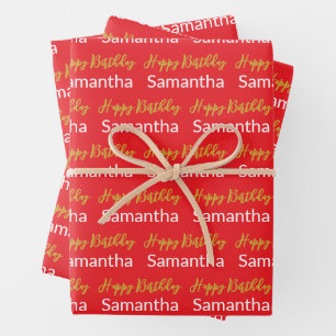 Happy Birthday Gold Script Bright Red White Name Wrapping Paper Sheet