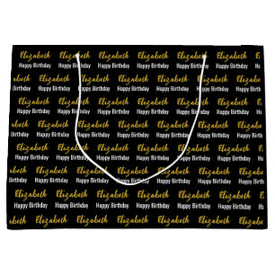 Happy Birthday Gold Script Name Black and White Large Gift Bag
