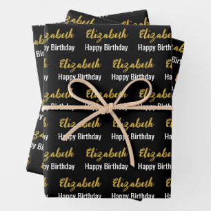 Happy Birthday Gold Script Name Black and White Wrapping Paper Sheet