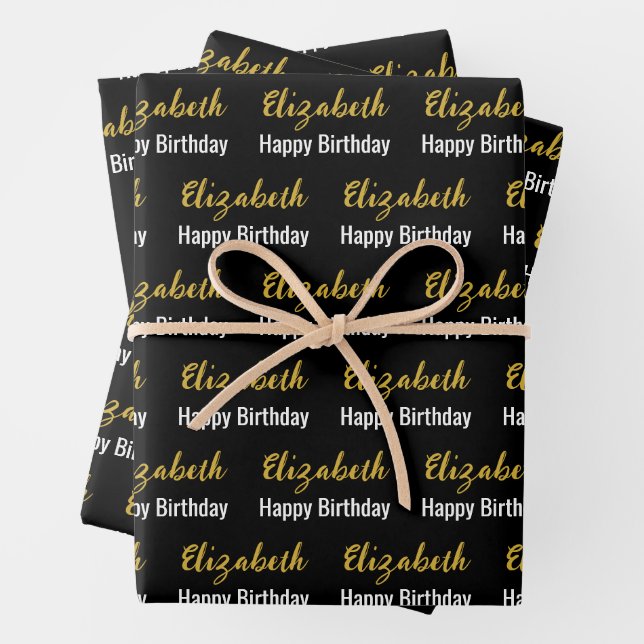 Happy Birthday Gold Script Name Black and White Wrapping Paper Sheet (In situ)