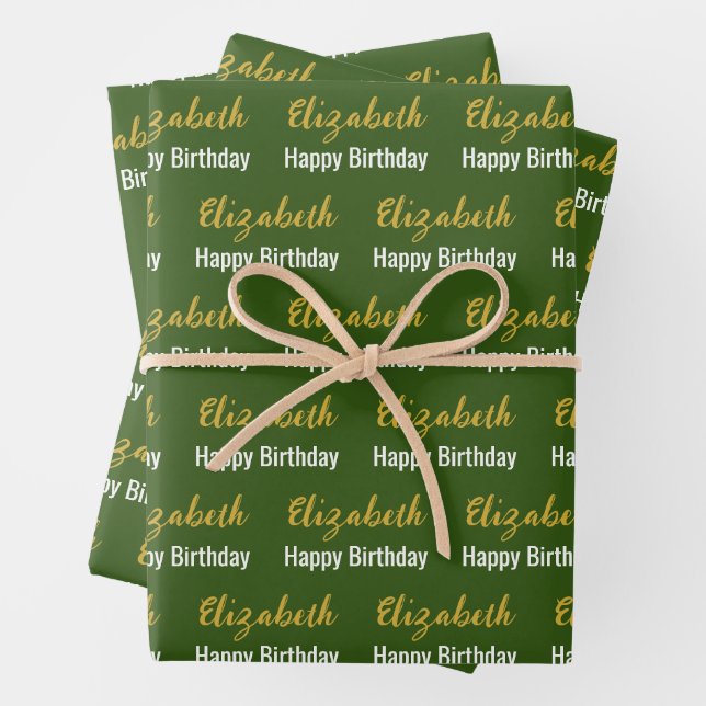 Happy Birthday Gold Script Name Dark Green & White Wrapping Paper Sheet (In situ)