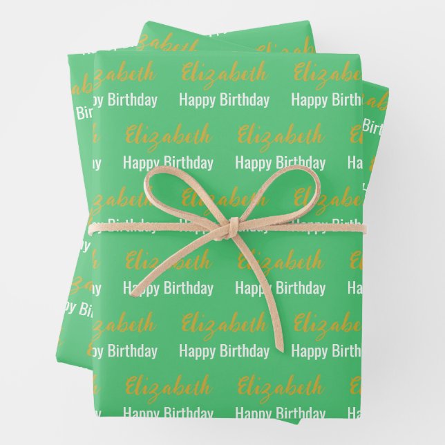 Happy Birthday Gold Script Name Emerald Green Wrapping Paper Sheet (In situ)