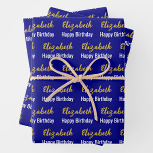 Happy Birthday Gold Script Name Navy Blue & White Wrapping Paper Sheet