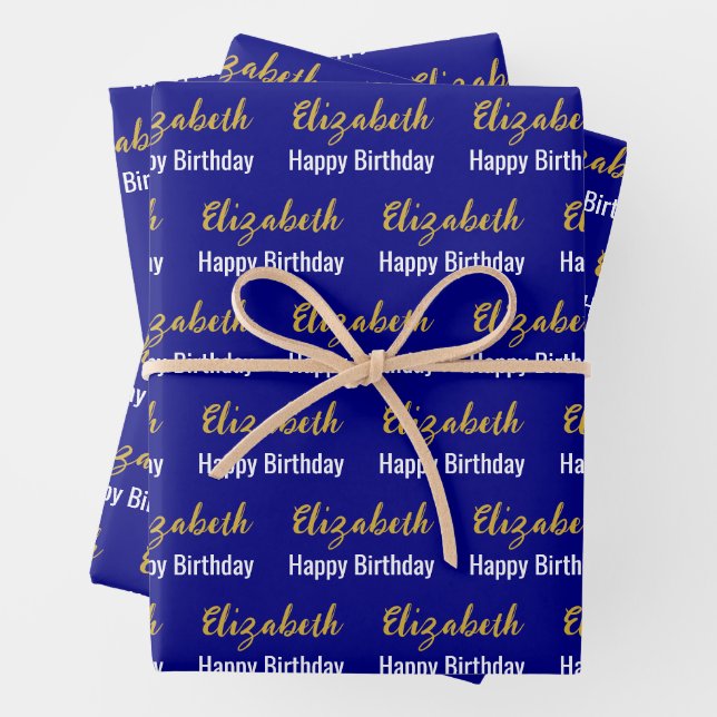 Happy Birthday Gold Script Name Navy Blue & White Wrapping Paper Sheet (In situ)